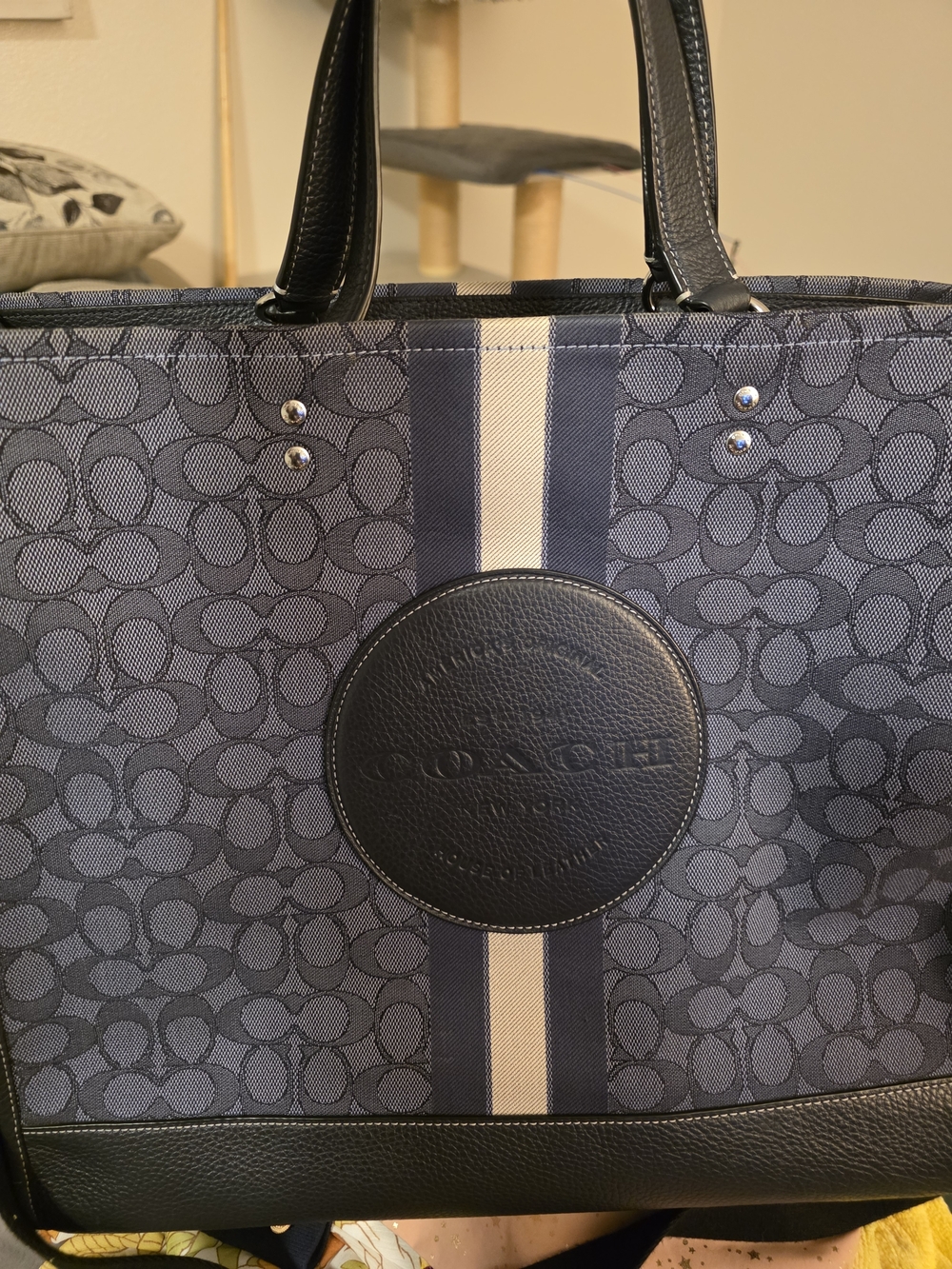 Coach Dempsey Tote 40 Signature Jacquard Duffel with Cream Stripe